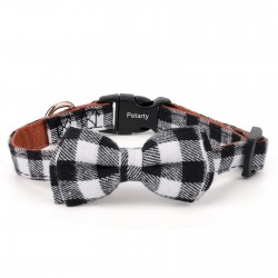 Petarty Dog Bowtie Collar, 1 Pack Black and White Plaid Sturdy Cotton Leather Soft Dog Collar for Small Dogs Adjustable 10"-15"